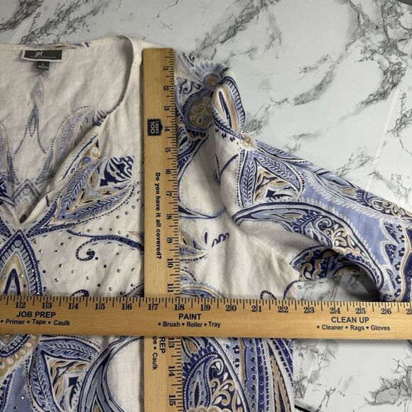 JM Collection Luxury 100% Linen Tunic Top Boho Beaded Blue White Size Large - Picture 7 of 13